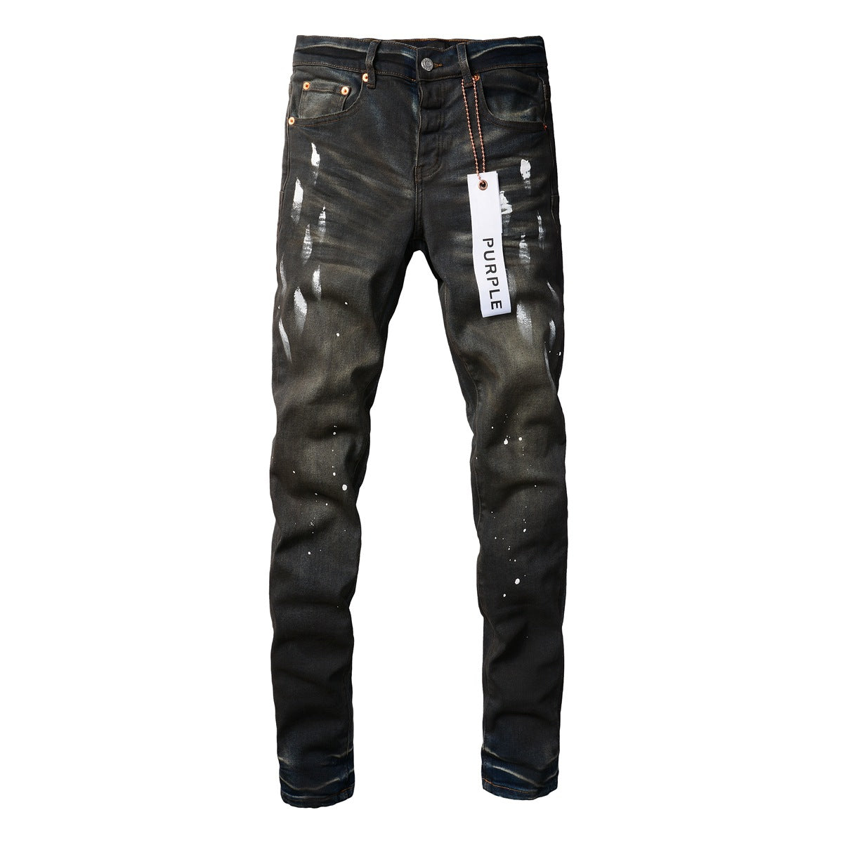 Mens Purple Ripped Jeans Stylish Slim Fit Black Paint High Street Denim Pants 9036